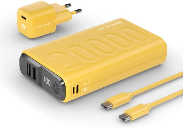 RealPower PB-20000+ Power Pack Powerbank 20000 mAh mit USB und USB-C in Gelb - Bild 1