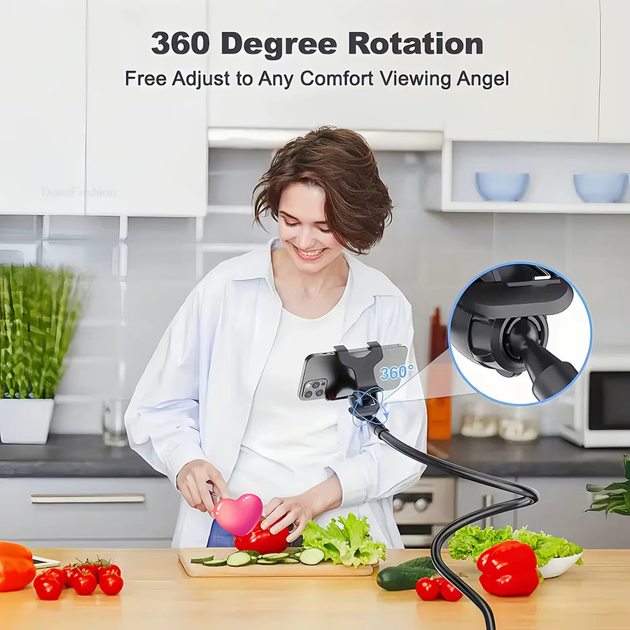 AKABEILA 360-Grad-Clip-Handyhalterung in Schwarz, flexibler Lazy-Bed-Desktop-Halter und tragbarer Standfuß für iPhone, Samsung und Xiaomi - Bild 2