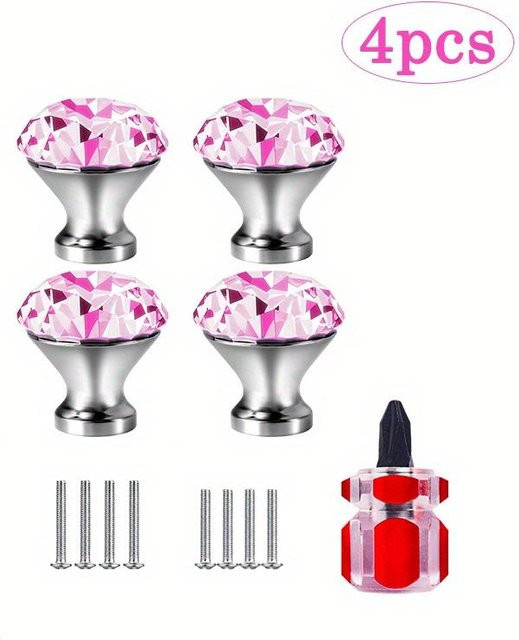WTEMPO Möbelgriffe aus rosa Glas, runde und rautenförmige Knöpfe für Schubladen und Kommoden, 4er-Set - Bild 1