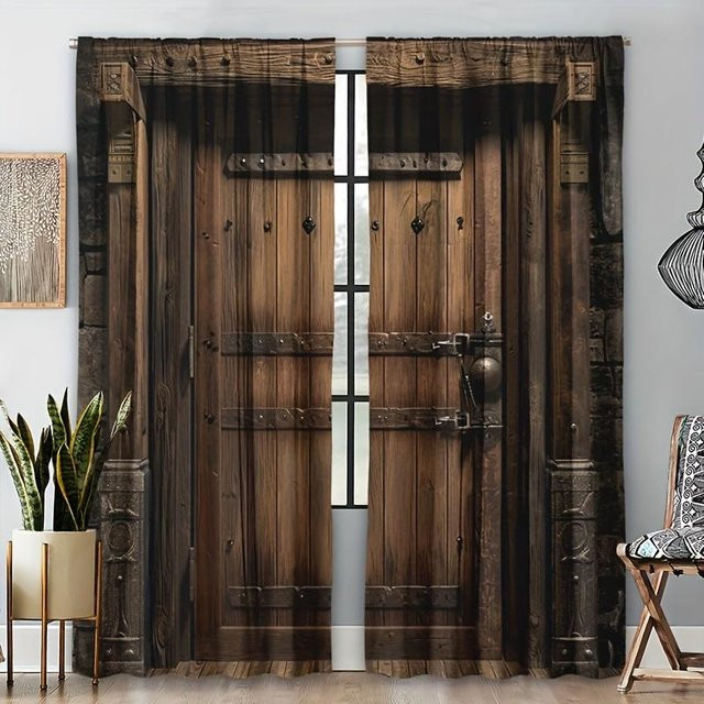 2er-Set Rustikale Vorhänge mit Türmuster von Yiran Furniture in Braun, B: 60 cm, H: 150 cm - Bild 1