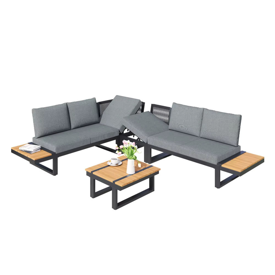 PINGGO Gartenmöbel-Set mit verstellbarer Neigungs-Funktion in 5 Stufen, Tisch mit Kunststoff-Holz-Platte und verzinktem Stahlrohr, Farbe: Grau - Bild 2