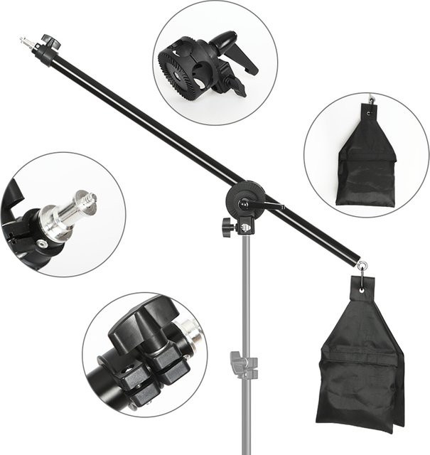SH Verstellbarer Stativ-Auslegearm für Lichtstative mit Sandsack in Schwarz, ausziehbar bis 135 cm, tragbarer Halter für Fotografie - Bild 1
