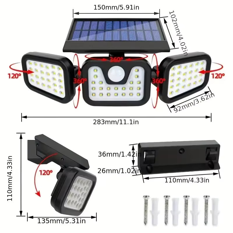 Leclstar 74 LED Solar-Flutlicht mit Bewegungsmelder und 3 Modi, wasserdichte Solar-Wandleuchte für den Außenbereich in Schwarz - Bild 6