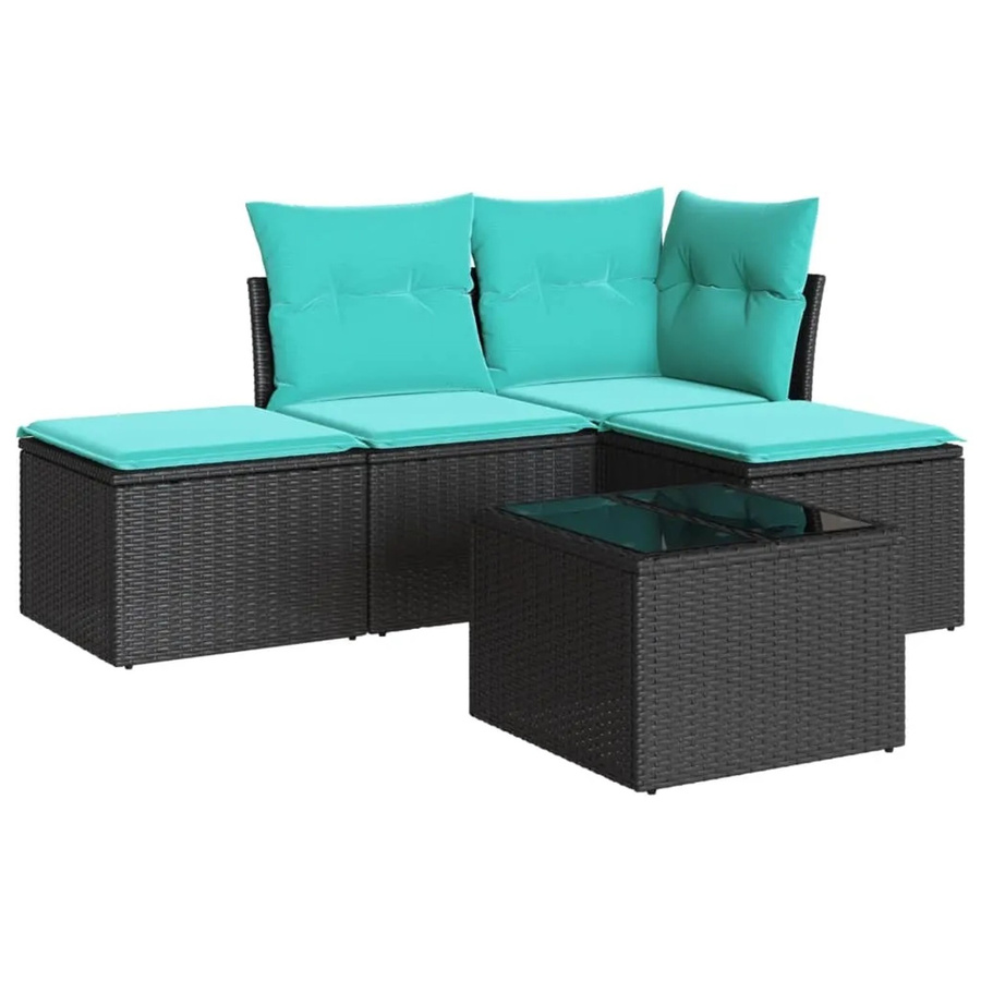 vidaXL 5-teilige Garten-Sofagarnitur in L-Form aus Poly-Rattan mit Kissen in Schwarz-Blau - Bild 2