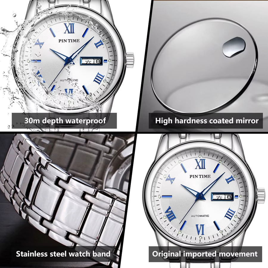 PINTIME Armbanduhr Automatik, Edelstahl, Weiß, Herren, Tag-Datum-Anzeige - Bild 2