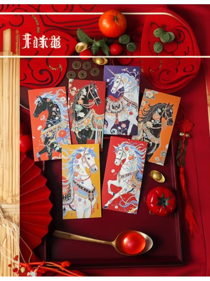 Rote Glücksgeldtaschen mit Blumenpferdemuster für das Jahr des Pferdes 2026 aus Papier - Bild 5