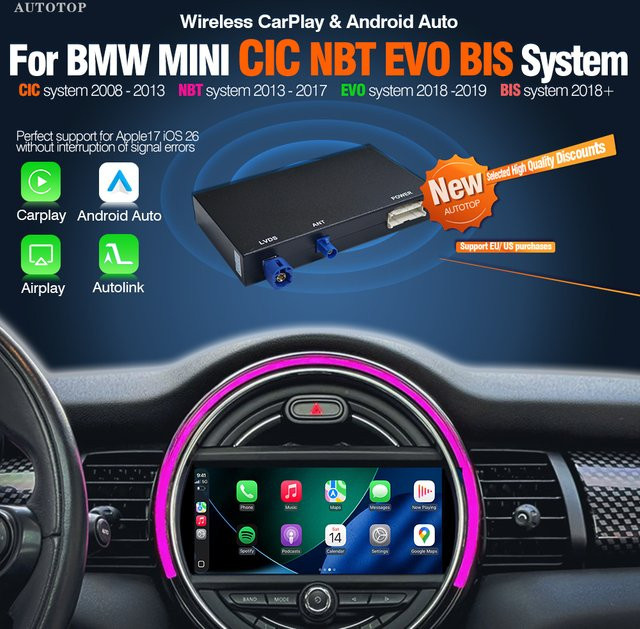 AUTOTOP Kabelloser CarPlay und Android Auto Adapter für BMW Mini R55 R56 R57 R58 R60 R61 F54 F55 F56 Clubman Countryman Cooper in Schwarz - Bild 1