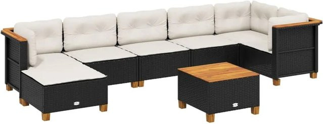 vidaXL 8-tlg Garten-Sofagarnitur in L-Form aus Polyrattan und Akazienholz mit Kissen, Schwarz und Cremeweiß - Bild 1