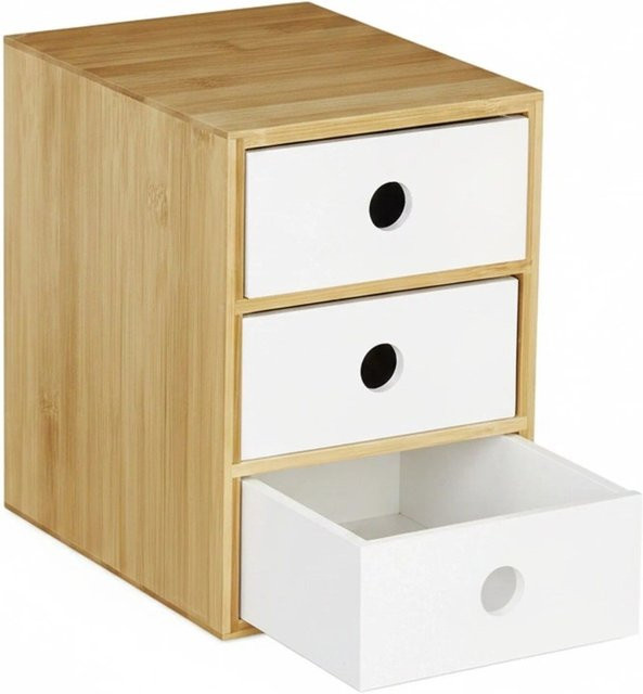 Relaxdays Schreibtisch Organizer aus Bambus und MDF mit 3 Schubladen in Weiß, B: 21 cm, T: 14,5 cm, H: 20 cm - Bild 1