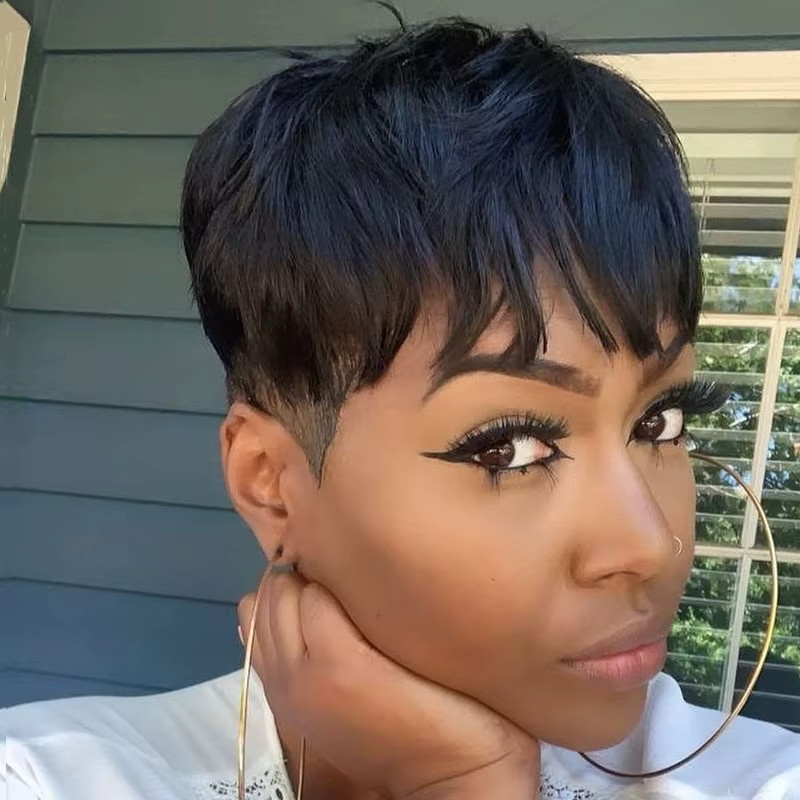 OYM HAIR Pixie-Perücke mit Pony, Echthaar, Schwarz, Damen - Bild 4
