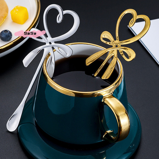 YOWEI Mini Dessertlöffel aus Edelstahl mit 3D Bogen Knoten und Herzform in Gold oder Silber - Bild 1