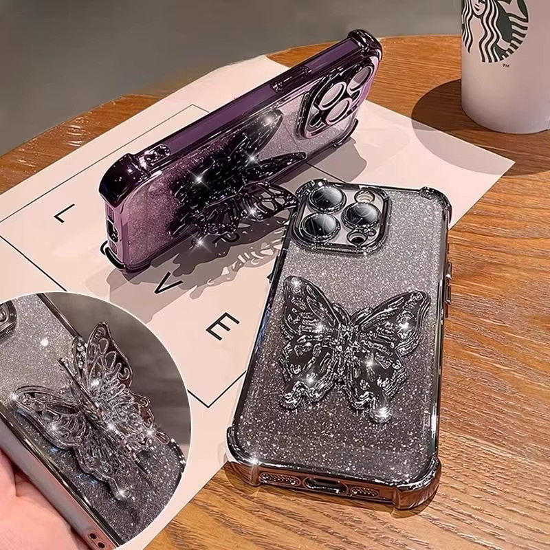 Tobebest 3D-Schmetterlings-Handyhalter mit Perlenarmband und glitzernder Beschichtung für Samsung Galaxy S26 Ultra Plus in Lila und Silber - Bild 2