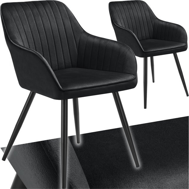 tectake Esszimmerstuhl Marilyn 2er Set, gepolstert in Samtoptik mit Steppmuster und Stahlbeinen, Schwarz, B: 58 cm, T: 62 cm, H: 82 cm - Bild 1