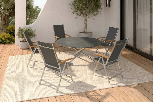 OUTFLEXX Garten-Essgruppe aus Edelstahl, Glaskeramik, Textilene und Teakholz in Silber/Schwarz/Grau mit Tisch Ø 150 cm und 5 Klappstühlen - Bild 1