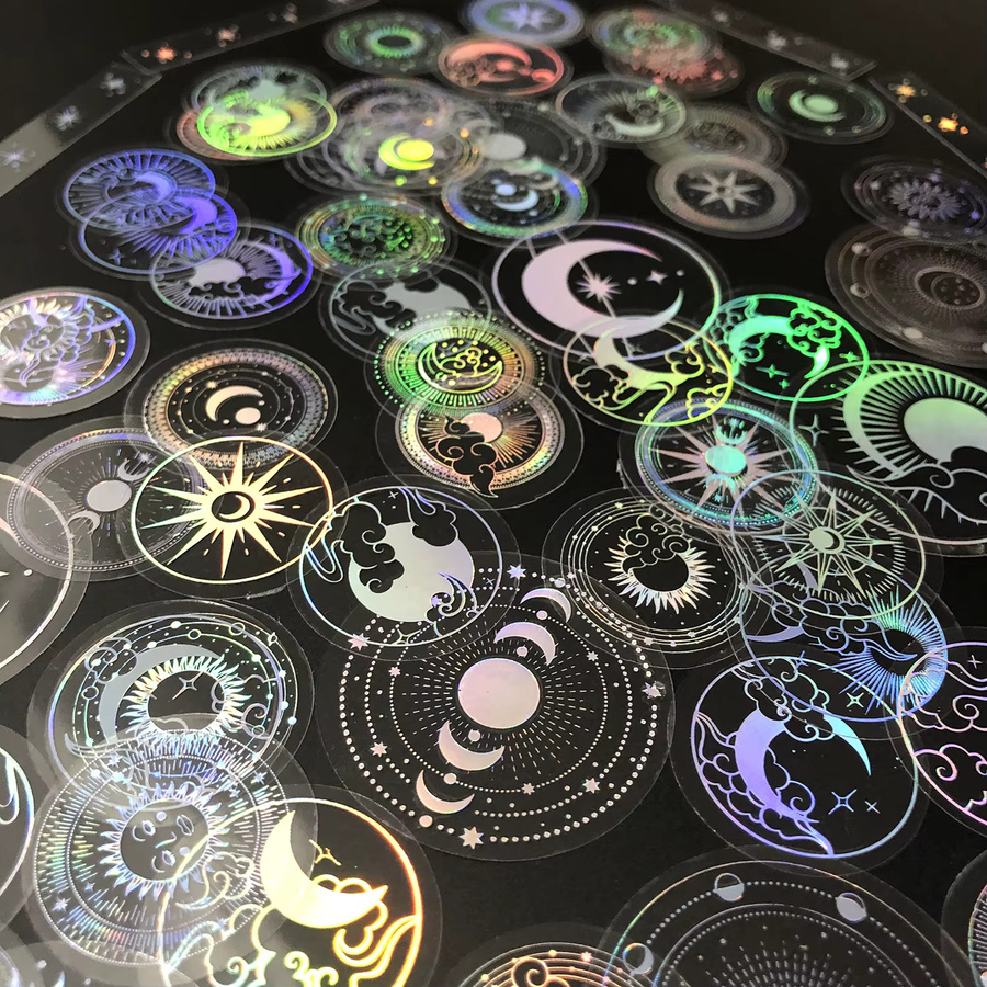 70 Stück transparente PET-Klebeetiketten in Silber mit Motiven wie Sonne, Mond und Sternen, wasserdicht und lasergeschnitten - Bild 5