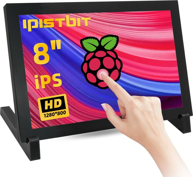 iPistBit 8 Zoll tragbarer HDMI-Monitor mit kapazitivem IPS-Touchscreen in Schwarz, Auflösung 1280 x 800, passend für Raspberry Pi 5/4/3/2/Zero/B - Bild 1