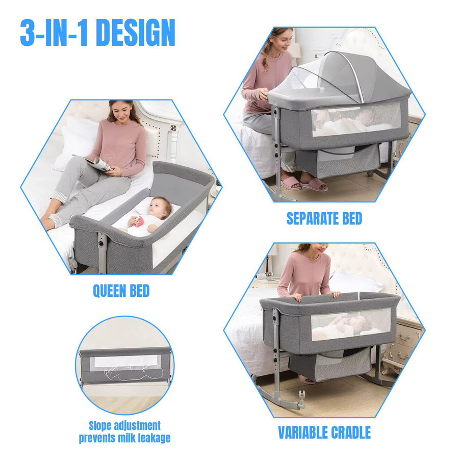 Vremota 3-in-1 Babybett mit Beistellbett, Laufstall und Moskitonetz in Grau - Bild 2