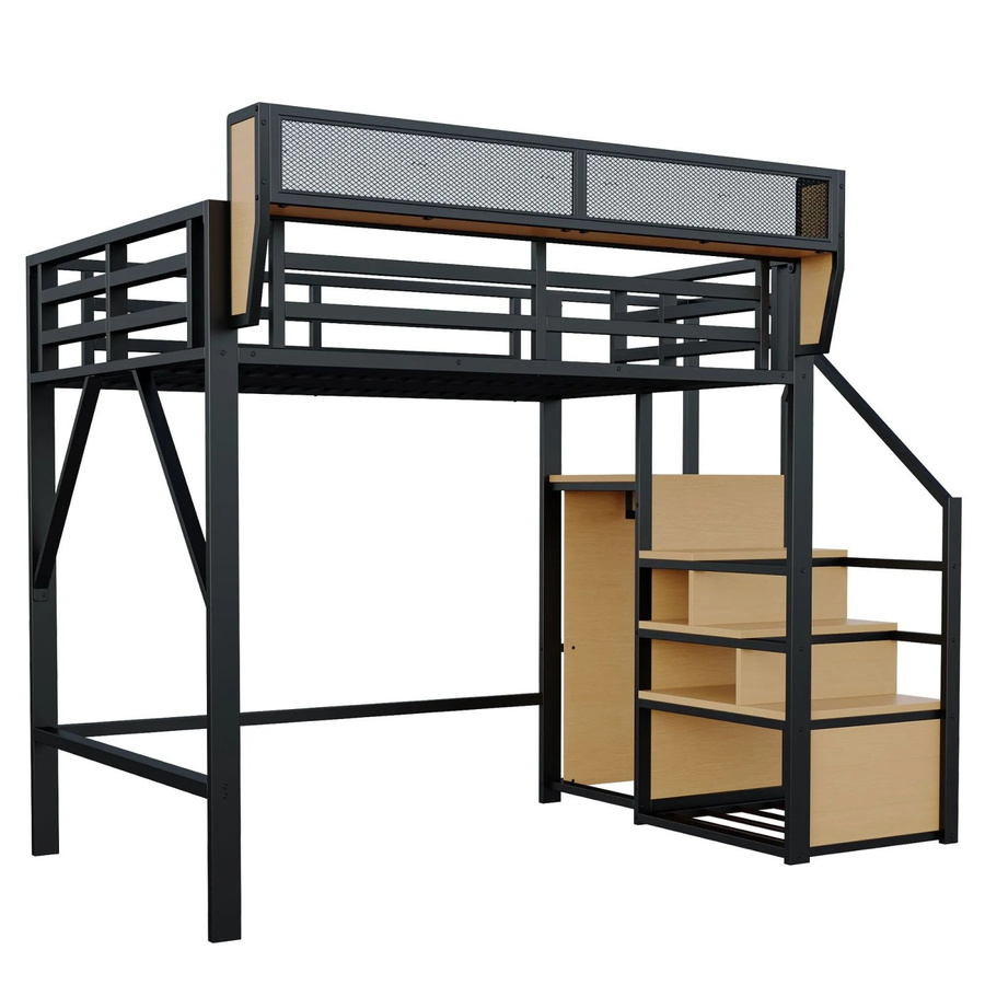 Merax Hochbett mit Treppe und Stauraum aus Metall und MDF, Schwarz, B/T/H: 200 x 140 x 191 cm - Bild 2