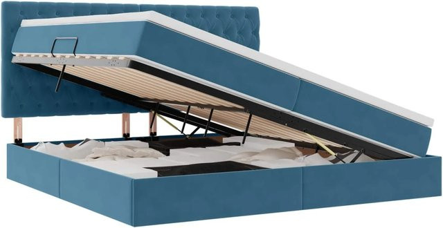 vidaXL Bett mit Stauraum und LED in Dunkelblau aus Samt, B/T: 200 x 200 cm - Bild 1