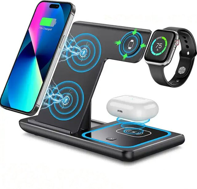 KEPHE 3-in-1 LED-Schnellladestation Schwarz, faltbares kabelloses Ladegerät für iPhone 17 16 15 14, Apple Watch und AirPods Pro - Bild 1