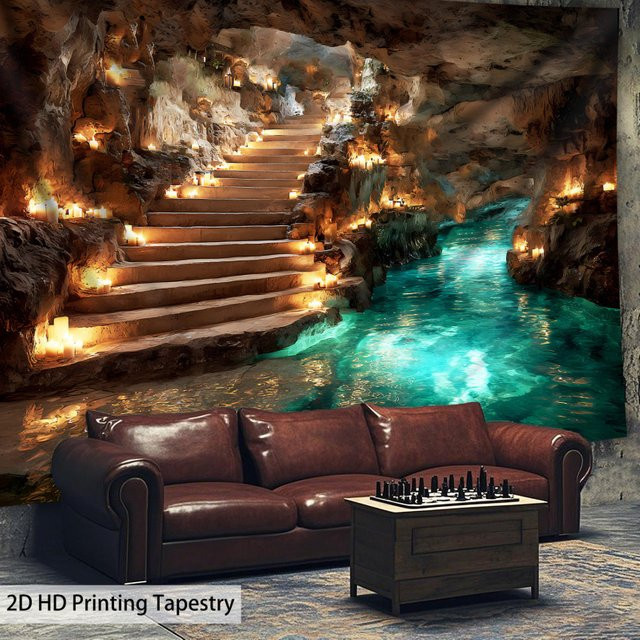 VIKAMA Wandteppich mit mysteriösem Höhlen-Treppenhaus und Kerzen-Motiv zur Wohnzimmer-Dekoration - Bild 1