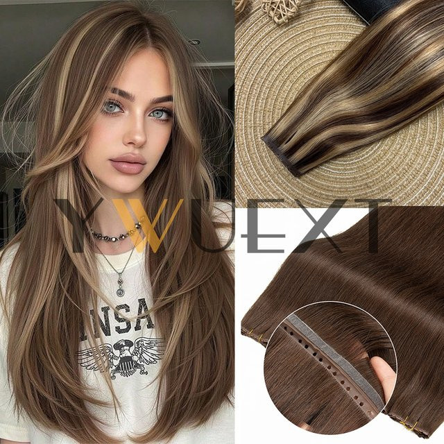 YWUEXT Double Inject XO Hole Weft Echthaarverlängerungen, 16 Zoll, Naturglatt - Bild 1