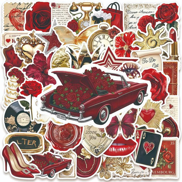Rspctou Vintage Gold & Rote Rosen Blumen Ästhetische Aufkleber, 10-teiliges Set - Bild 1