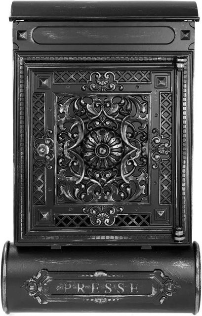 HMF Briefkasten 512-09 mit Zeitungsfach in Antik-Optik aus Aluguss, Schwarz/Silber, B: 57 cm, H: 35 cm, T: 10 cm - Bild 1