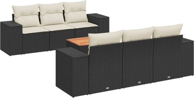 vidaXL 7-tlg Garten-Sofagarnitur aus Poly-Rattan und Akazienholz in Schwarz mit Kissen - Bild 1