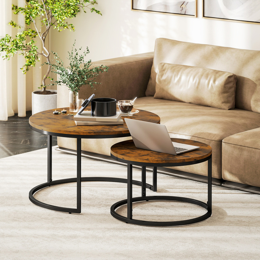 HOMCOM 2er Set Couchtisch rund mit Metallrahmen und Holzoptik in Braun und Schwarz - Bild 2