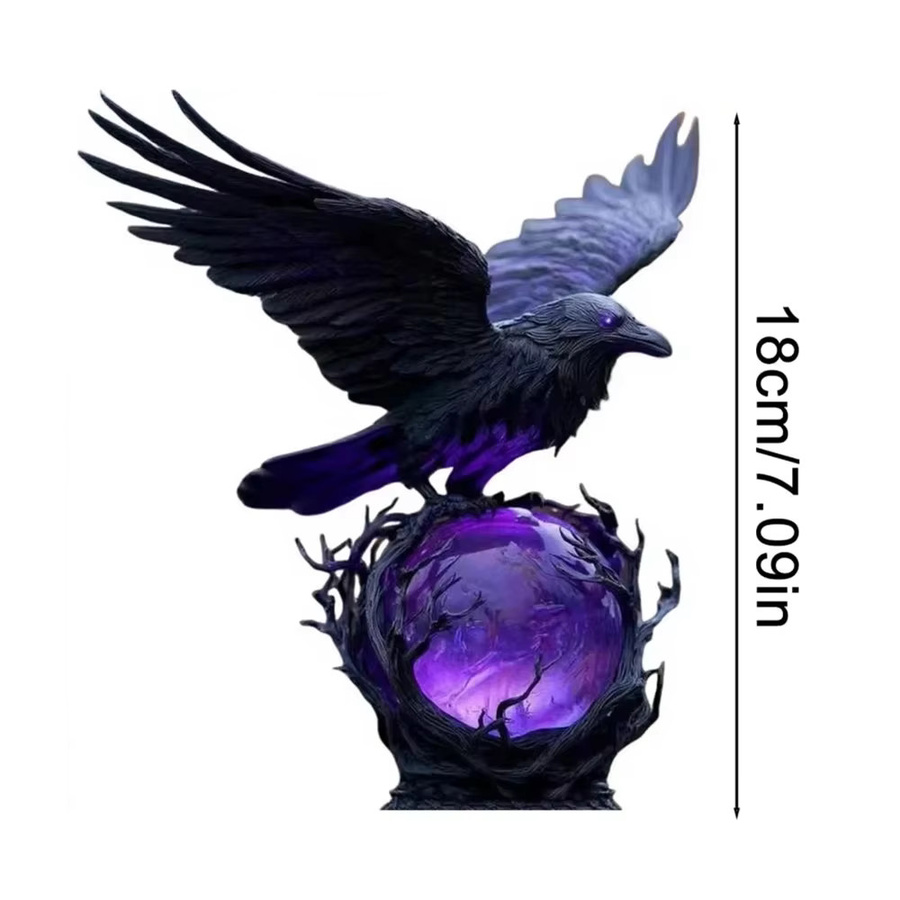 Gotische Raben-LED-Lampe als handgefertigte Skulptur mit lila leuchtender Glaskugel in Schwarz und Lila - Bild 4