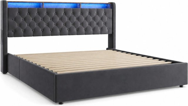 okwish Polsterbett mit LED-Beleuchtung und Bettablage in Dunkelgrau, B/T: 180 x 200 cm - Bild 1