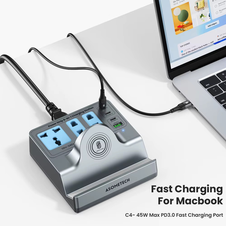ASOMETECH 72 W Schnellladestation mit kabellosem Ladegerät, 3 Steckdosen und 4 USB-Anschlüssen, grau - Bild 3