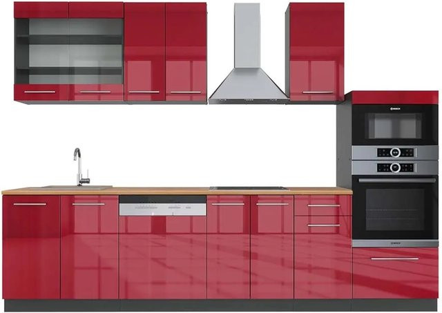 Vicco Fame-Line Küchenzeile Bordeaux Hochglanz und Anthrazit mit Hochschrank Eiche, Breite: 300 cm - Bild 1