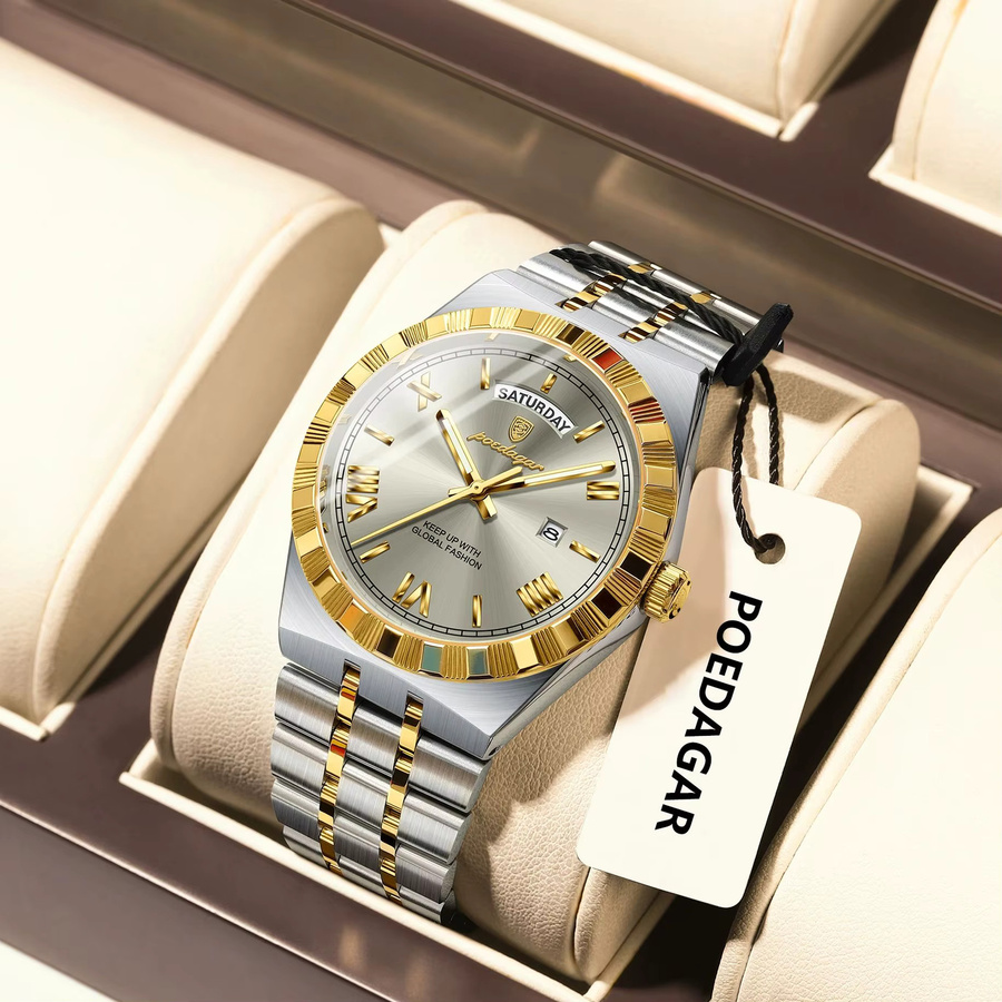 POEDAGAR Armbanduhr Quarz, Edelstahl, Bicolor, Herren, Wochentag, Datum - Bild 2