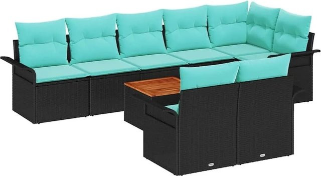vidaXL Gartenmöbel-Set aus Poly-Rattan in Schwarz und Türkis, 9-teiliges U-förmiges Lounge-Set mit Polstern und Stauraumfunktion - Bild 1