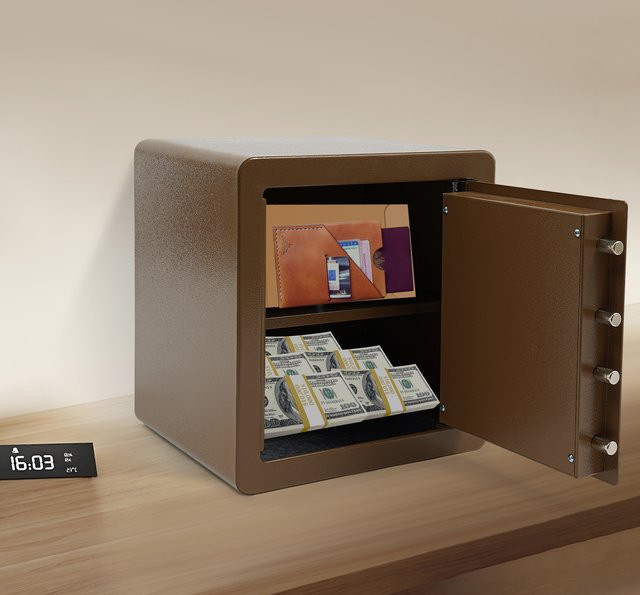Tresor mit Fingerabdruckschloss und Schlüssel für Bargeld und Wertsachen, Schwarz und Braun, B/T/H: 40,0 x 36,0 x 31,5 cm - Bild 1