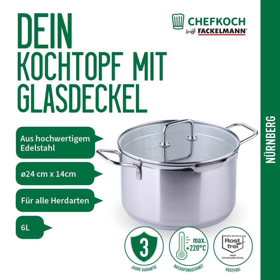 Fackelmann Chefkoch Kochtopf Nürnberg mit Glasdeckel, Silber, Durchmesser: 24 cm, Höhe: 6 cm - Bild 3