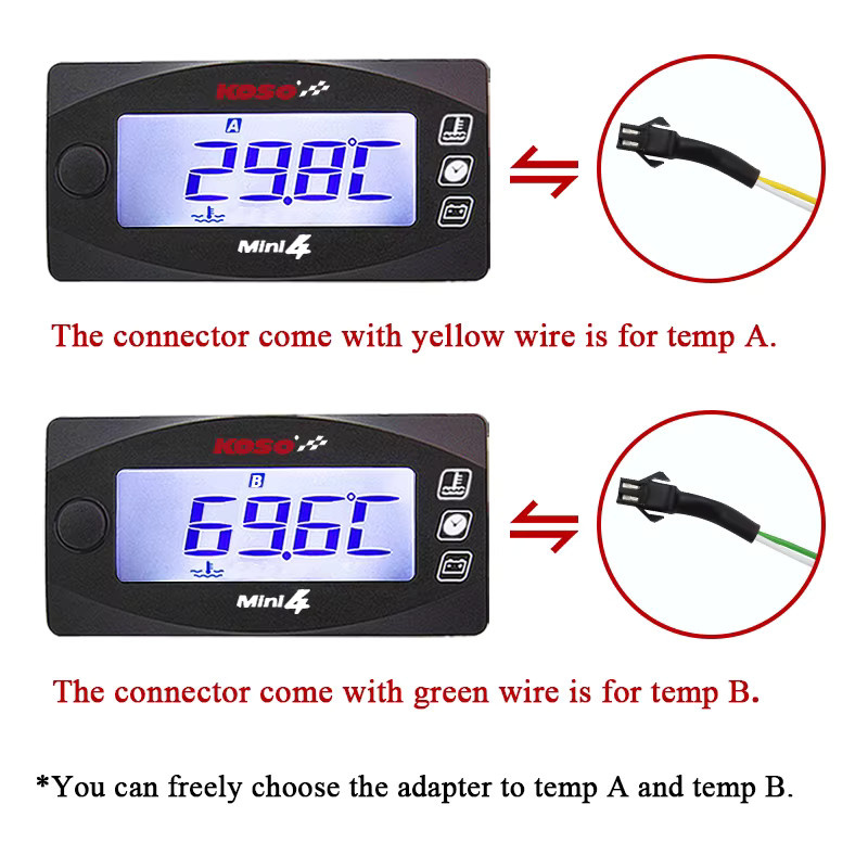 KOSO Mini 4-in-1 Motorrad-Wasserthermometer mit Dual-Temperatur-LCD-Digitalanzeige für Öl- und Wassertemperatur, Zeit und Volt in Schwarz - Bild 4