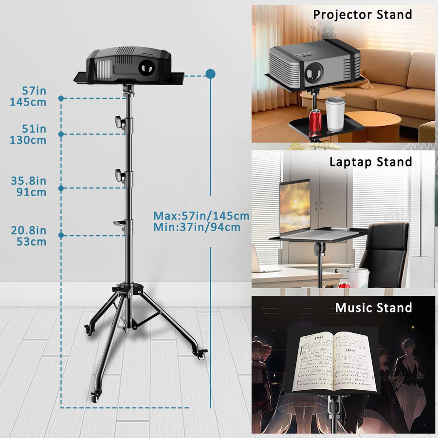 SH Höhenverstellbares Projektor-Stativ mit Laptop-Ablage in Schwarz, Höhe: 90 cm, 125 cm oder 145 cm - Bild 3