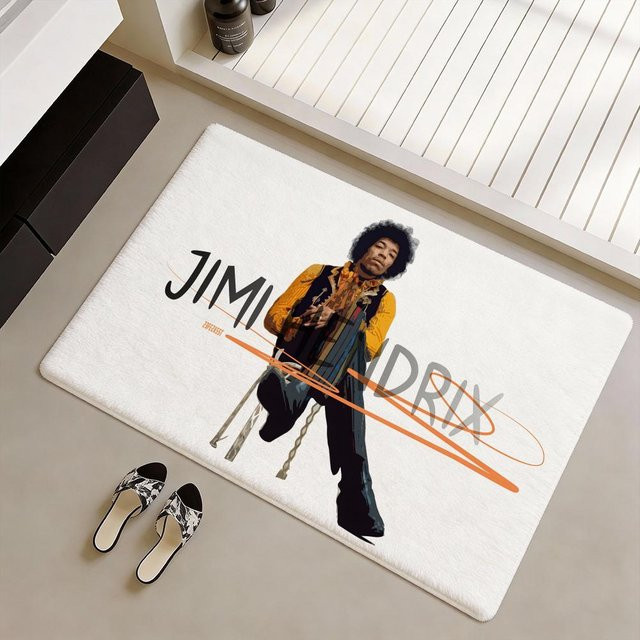 Singer J-Jimi Hendrix Fußmatte aus weichem Flanell in Schwarz, rutschfeste rechteckige Fußmatte für dein Wohnzimmer - Bild 1