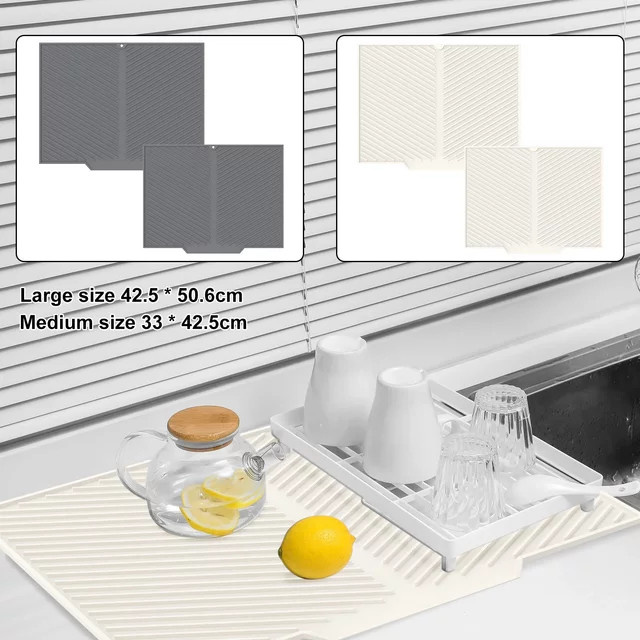 2er-Set willstar Abtropfmatte aus Silikon in Beige und Grau, hitzebeständige rechteckige Küchenmatte als Theken-Schutzpolster und Tischset - Bild 1