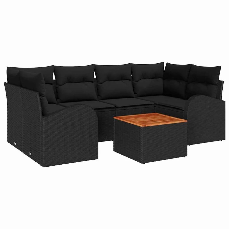 vidaXL 7-teiliges Garten Sofa Set in Schwarz aus Polyrattan und Akazienholz mit Kissen und Ottoman für Terrasse und Balkon - Bild 2