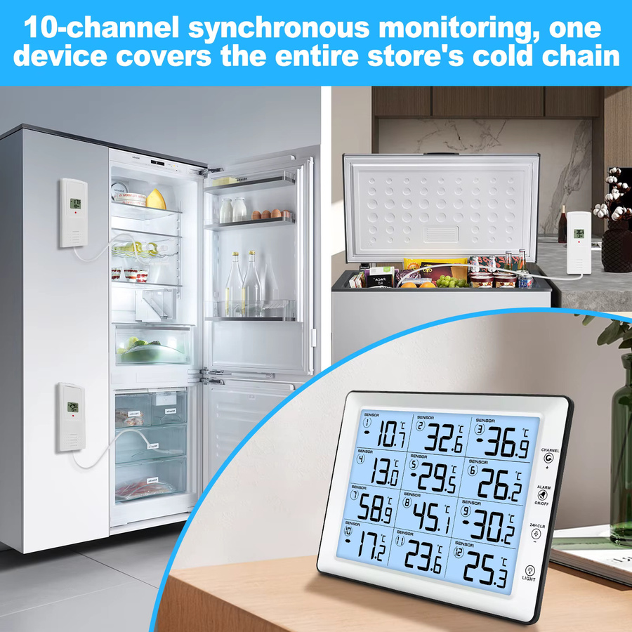 Urageuxy Drahtloser 12-in-1 Temperaturmonitor mit 8,3 Zoll Farbdisplay und Ton- sowie Lichtalarm in Weiß - Bild 3