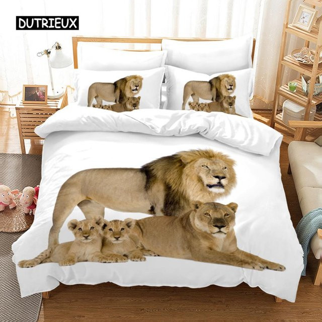 Binchi Outdoor Product Löwen-Bettwäscheset mit 3D-Tierwelt-Motiv aus Mikrofaser, Bettbezug und Kissenbezug mit Reißverschluss, Farbe: Weiß, Breite: 140 cm, Länge: 210 cm - Bild 1
