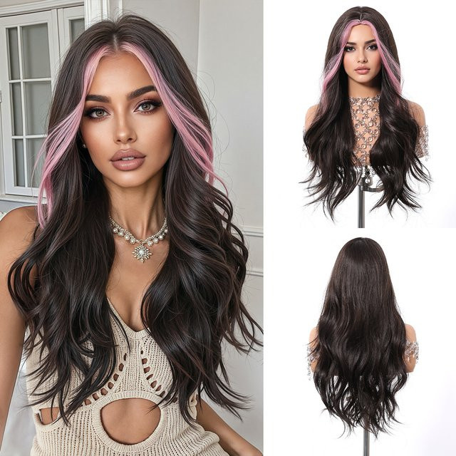 EASIHAIR Perücke, schwarz mit rosa Highlights, lockig, Damen - Bild 1