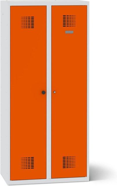 rotstahl Doppelspind mit lichtgrauem Korpus und orangefarbenen Türen, B/T/H: 80 x 50 x 180 cm - Bild 1