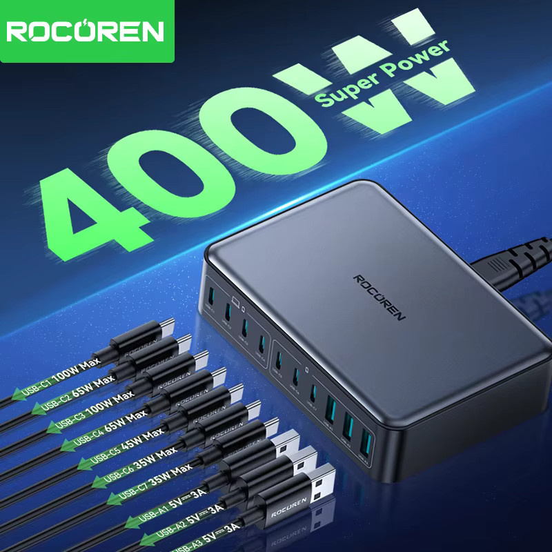 Rocoren 400 W USB Typ C Ladegerät 10-in-1 Desktop-Ladestation in Schwarz für iPhone 16 Pro Max und MacBook Air - Bild 2