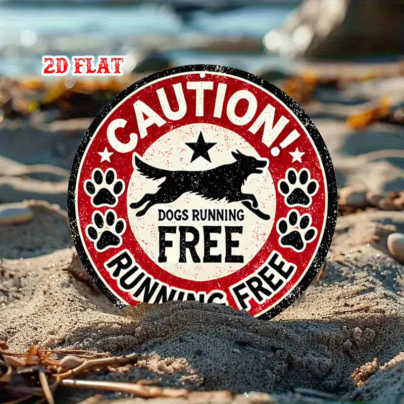 Rundes Aluminium-Metallblechschild Potdemiel Vorsicht Dogs Running Free mit Hundedesign in Rot, Durchmesser: 19,99 cm - Bild 3