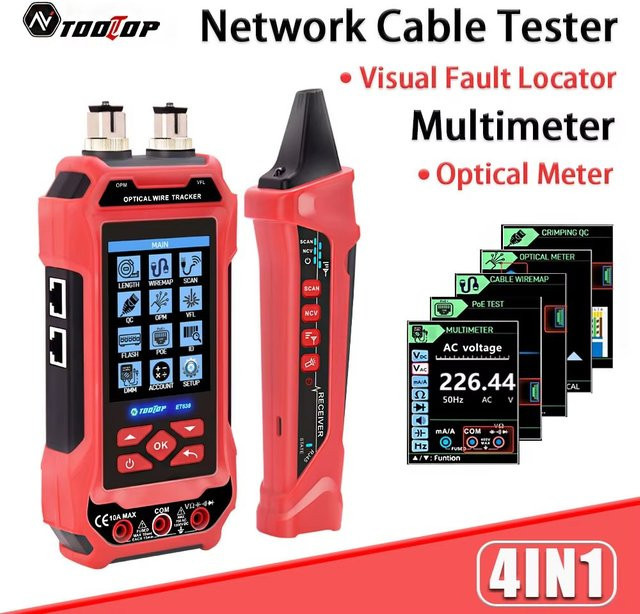 TOOLTOP Professioneller Netzwerkkabeltester mit POE Spannungsprüfer, Multimeter, optischem Leistungsmessgerät und visuellem Fehlerdetektor in Rot - Bild 1